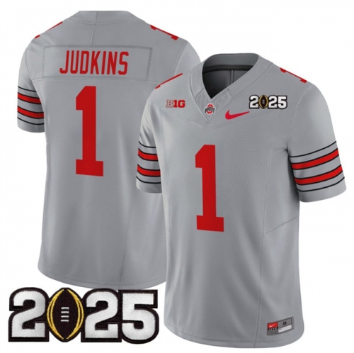 Men's Ohio State Buckeyes #1 Quinshon Judkins Grey 2025 CFP Final Patch F.U.S.E. Vapor Limited Stitched Football Jersey