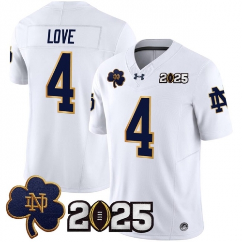 Men's Notre Dame Fighting Irish #4 Jeremiyah Love White F.U.S.E. 2025 CFP Final Patch Jersey