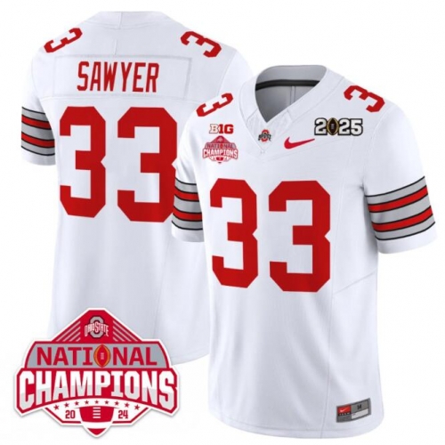 Men's Ohio State Buckeyes #33 Jack Sawyer White 2025 CFP Final With National Champions Patch F.U.S.E. Vapor Limited Stitched Football Jersey