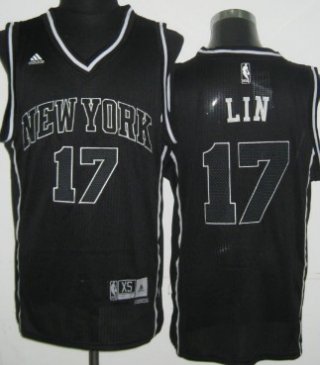 New York Knicks #17 Jeremy Lin Revolution 30 Swingman All Black With White Jersey