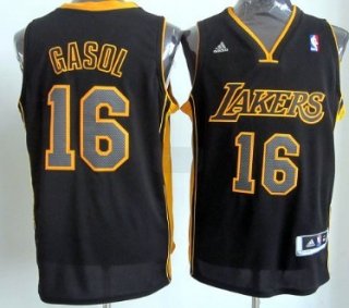 Los Angeles Lakers #16 Pau Gasol Revolution 30 Swingman All Black With Yellow Jersey