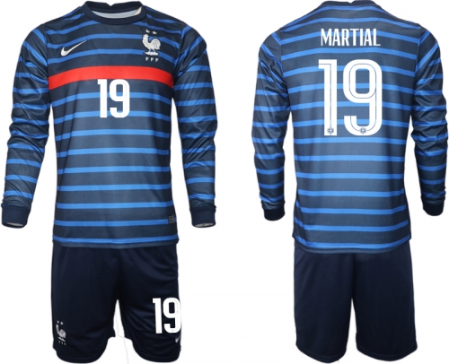 Men 2021 European Cup France home blue Long sleeve 19 Soccer Jersey