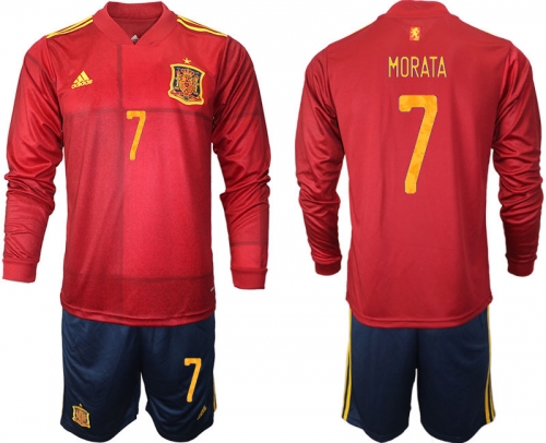 Men 2021 European Cup Spain home Long sleeve 7 soccer jerseys