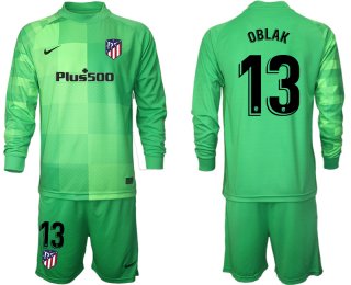 Men 2021-2022 Club Atletico Madrid green goalkeeper Long Sleeve 13 Soccer Jersey