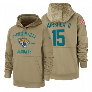 Jacksonville Jaguars #15 Gardner Minshew II Nike Tan 2019 Salute To Service Name & Number Sideline Therma Pullover Hoodie