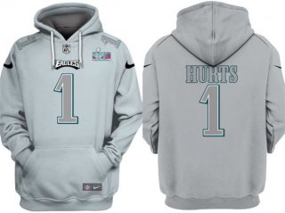 Men's Philadelphia Eagles #1 Jalen Hurts Gray Atmosphere Fashion Super Bowl LVII Patch Pullover Hoodie