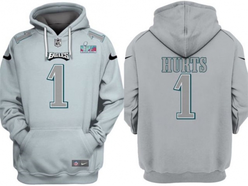 Men's Philadelphia Eagles #1 Jalen Hurts Gray Atmosphere Fashion Super Bowl LVII Patch Pullover Hoodie