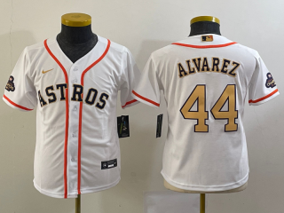 Youth Houston Astros #44 Yordan Alvarez 2023 White Gold World Serise Champions Patch Cool Base Stitched Jersey