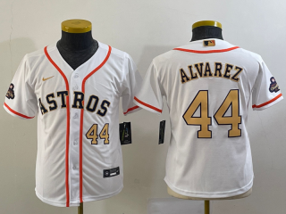 Youth Houston Astros #44 Yordan Alvarez Number 2023 White Gold World Serise Champions Patch Cool Base Stitched Jersey