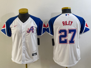 Youth Atlanta Braves #27 Austin Riley White 2023 City Connect Cool Base Stitched Jersey