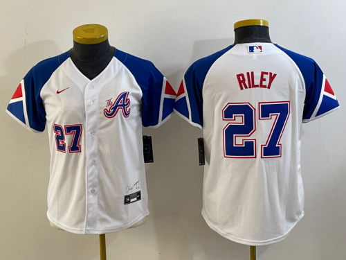 Youth Atlanta Braves #27 Austin Riley Number White 2023 City Connect Cool Base Stitched Jerseys