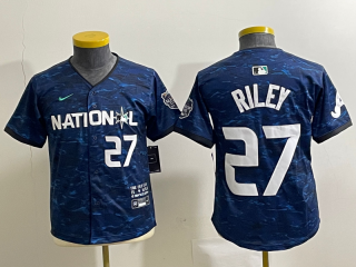 Youth Atlanta Braves #27 Austin Riley Number Royal 2023 All Star Cool Base Stitched Baseball Jersey