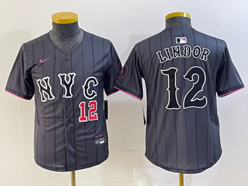 Youth New York Mets #12 Francisco Lindor Number Grey 2024 City Connect Cool Base Stitched Jerseys