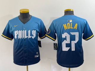 Youth Philadelphia Phillies #27 Aaron Nola Blue 2024 City Connect Limited Stitched Jersey