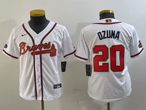 Youth Atlanta Braves #20 Marcell Ozuna White Gold World Series Champions Cool Base Stitched Jersey