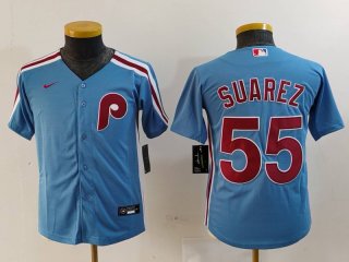 Youth Philadelphia Phillies #55 Ranger Suarez Light Blue Cooperstown Cool Base Jersey