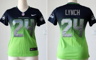 Nike Seattle Seahawks #24 Marshawn Lynch Navy Blue/Green Fadeaway Womens Jersey