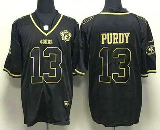 Men's San Francisco 49ers #13 Brock Purdy Black Gold With 75th Anniversary Patch Stitched Jersey