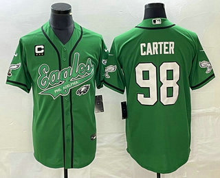 Men's Philadelphia Eagles #98 Jalen Carter Green C Patch Cool Base Stitched Baseball Jersey