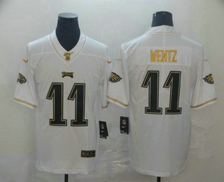 Men's Philadelphia Eagles #11 Carson Wentz White 100th Season Golden Edition Jersey