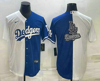 Men's Los Angeles Dodgers White Blue Split Team Big Logo Cool Base Stitched Baseball Jersey