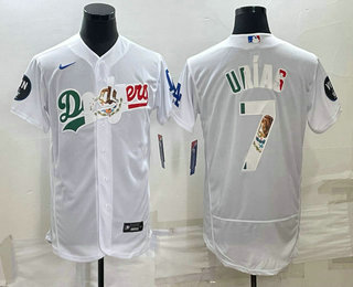 Men's Los Angeles Dodgers #7 Julio Urias White With Vin Scully Patch Flex Base Stitched Baseball Jerseys