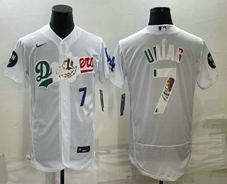 Men's Los Angeles Dodgers #7 Julio Urias Number White With Vin Scully Patch Flex Base Stitched Baseball Jerseys