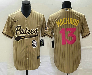 Men's San Diego Padres #13 Manny Machado Tan Pinstripe 2023 City Connect Cool Base Stitched Jersey 1