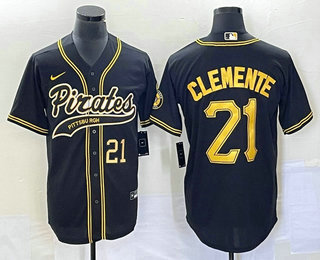 Men's Pittsburgh Pirates #21 Roberto Clemente Number Black Cool Base Stitched Baseball Jersey