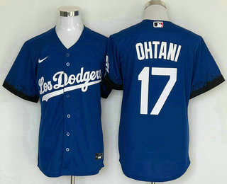 Men's Los Angeles Dodgers #17 Shohei Ohtani Blue 2021 City Connect Cool Base Stitched Jersey