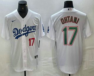 Men's Los Angeles Dodgers #17 Shohei Ohtani Number White Green Stitched Cool Base Nike Jersey