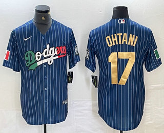 Men's Los Angeles Dodgers #17 Shohei Ohtani Mexico Blue Gold Pinstripe Cool Base Stitched Jersey