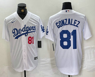 Men's Los Angeles Dodgers #81 Victor Gonzalez Number White Cool Base Stitched Baseball Jersey