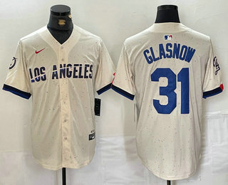 Men's Los Angeles Dodgers #31 Tyler Glasnow Cream Blue 2024 City Connect Limited Stitched Jersey