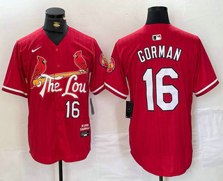 Men's St Louis Cardinals #16 Nolan Gorman Red 2024 City Connect Stitched Baseball Jersey