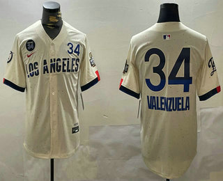 Men's Los Angeles Dodgers #34 Fernando Valenzuela Number Cream 2024 World Series City Connect Limited Stitched Jersey