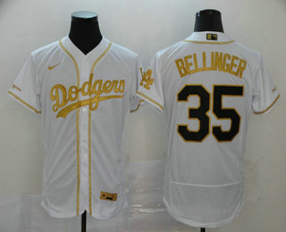 Men's Los Angeles Dodgers #35 Cody Bellinger White With Gold Stitched MLB Flex Base Nike Jersey