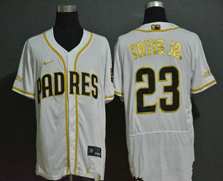 Men's San Diego Padres #23 Fernando Tatis Jr. White Golden Stitched MLB Flex Base Nike Jersey