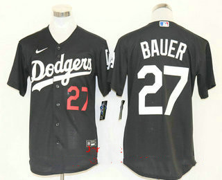 Men's Los Angeles Dodgers #27 Trevor Bauer Black Stitched MLB Cool Base Nike Jersey