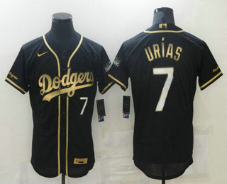 Men's Los Angeles Dodgers #7 Julio Urias Black 2020 Champions Golden Edition Stitched Flex Base Nike Jersey