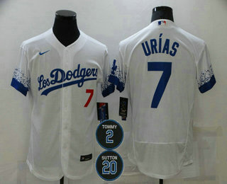 Men's Los Angeles Dodgers #7 Julio Urias White #2 #20 Patch City Connect Flex Base Stitched Jersey