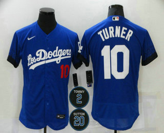 Men's Los Angeles Dodgers #10 Justin Turner Blue #2 #20 Patch City Connect Flex Base Stitched Jersey