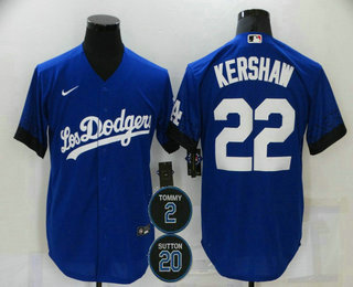 Men's Los Angeles Dodgers #22 Clayton Kershaw Blue #2 #20 Patch City Connect Cool Base Stitched Jersey