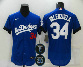 Men's Los Angeles Dodgers #34 Fernando Valenzuela Blue #2 #20 Patch City Connect Flex Base Stitched Jersey