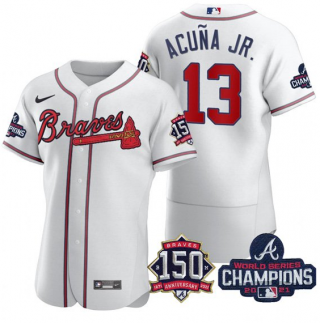 Men's White Atlanta Braves #13 Ronald Acuna Jr. 2021 World Series Champions With 150th Anniversary Flex Base Stitched Jersey