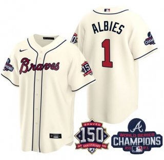 Men's Cream Atlanta Braves #1 Ozzie Albies 2021 World Series Champions With 150th Anniversary Patch Cool Base Stitched Jersey