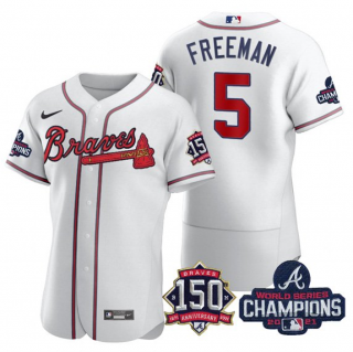 Men's White Atlanta Braves #5 Freddie Freeman 2021 World Series Champions With 150th Anniversary Flex Base Stitched Jersey