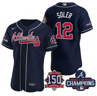 Men's Navy Atlanta Braves #12 Jorge Soler 2021 World Series Champions With 150th Anniversary Flex Base Stitched Jersey