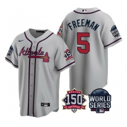 Men Atlanta Braves 5 Freddie Freeman 2021 Gray World Series With 150th Anniversary Patch Cool Base Stitched Jersey