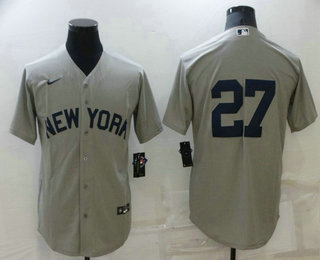 Men's New York Yankees #27 Giancarlo Stanton 2021 Grey Field of Dreams Cool Base Stitched Baseball Jersey